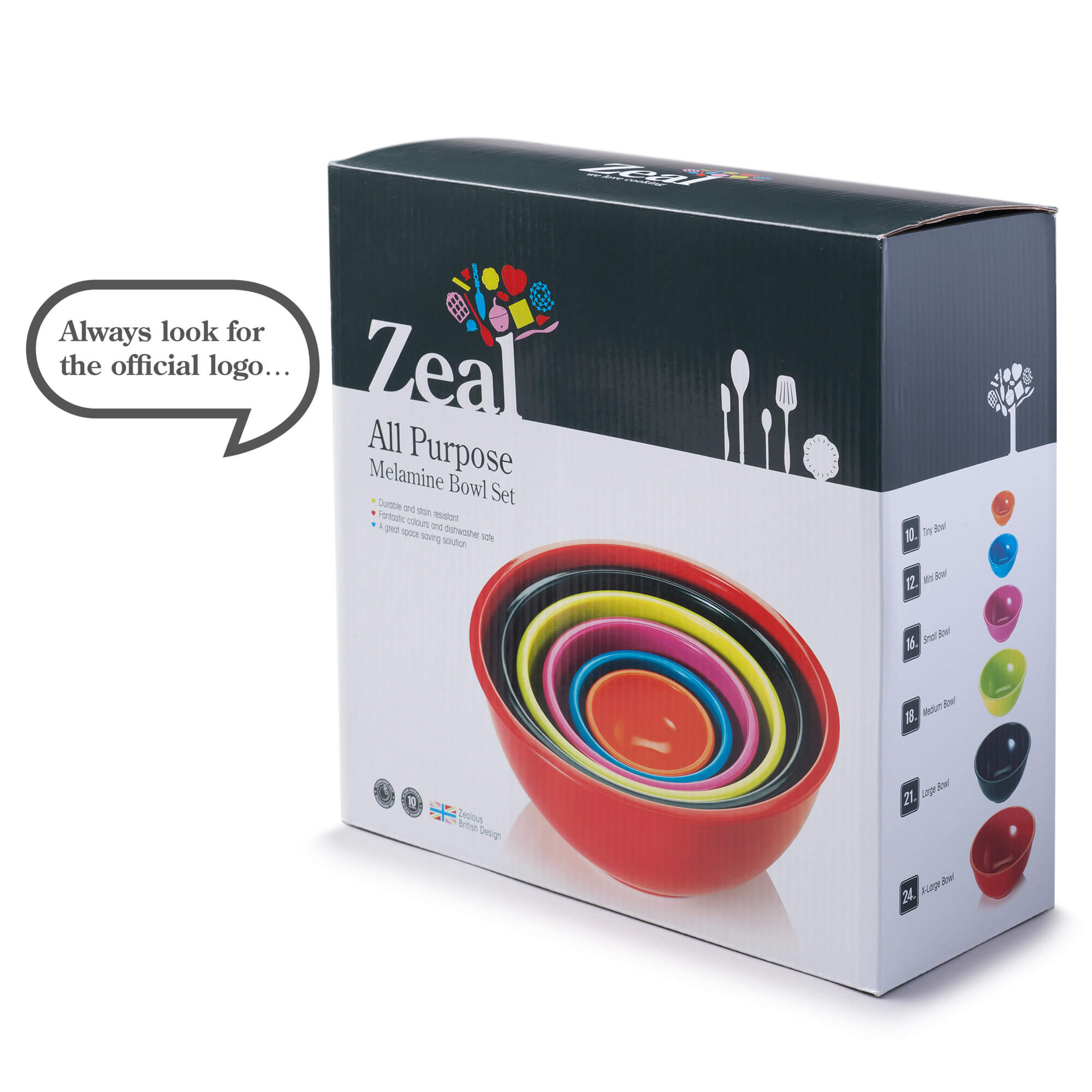 Zeal Set of 6 Melamine Round Nesting Bowls in Bright Colours in packaging