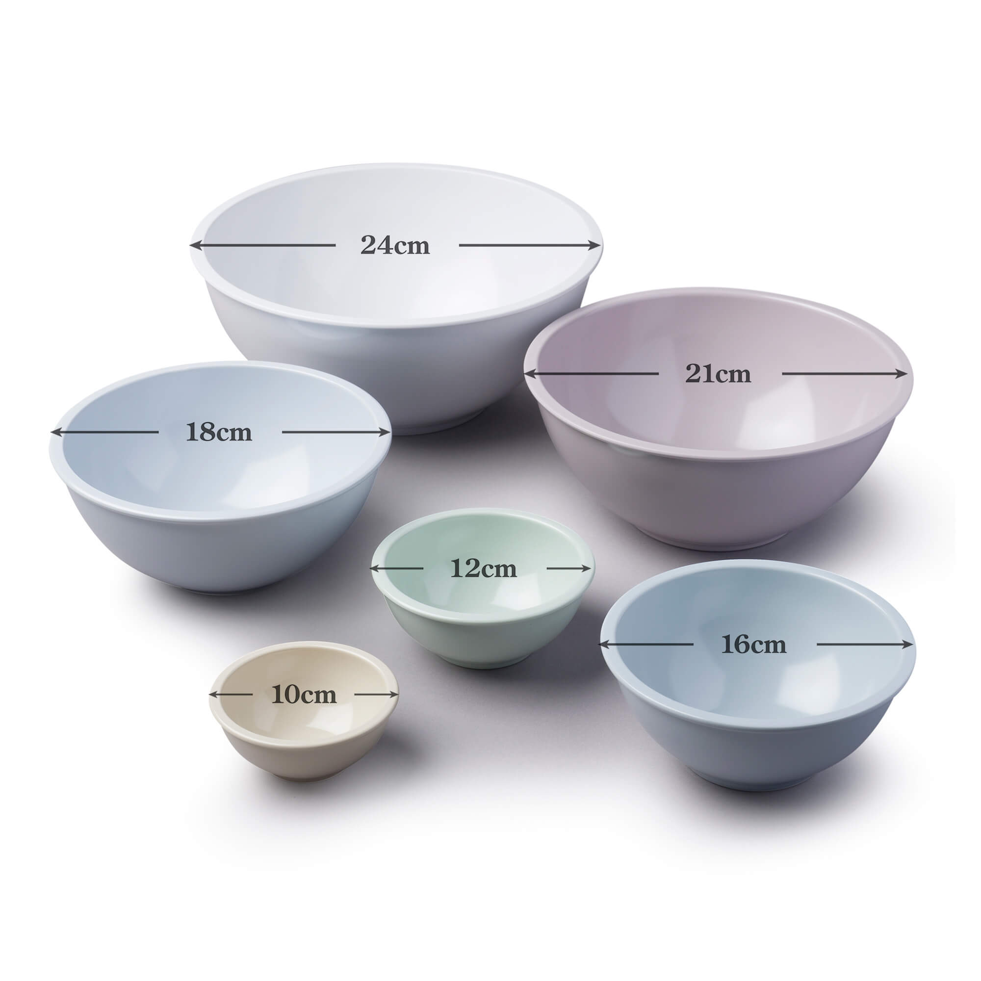 Zeal Set of 6 Melamine Round Nesting Bowls in Classic Colours dimensions