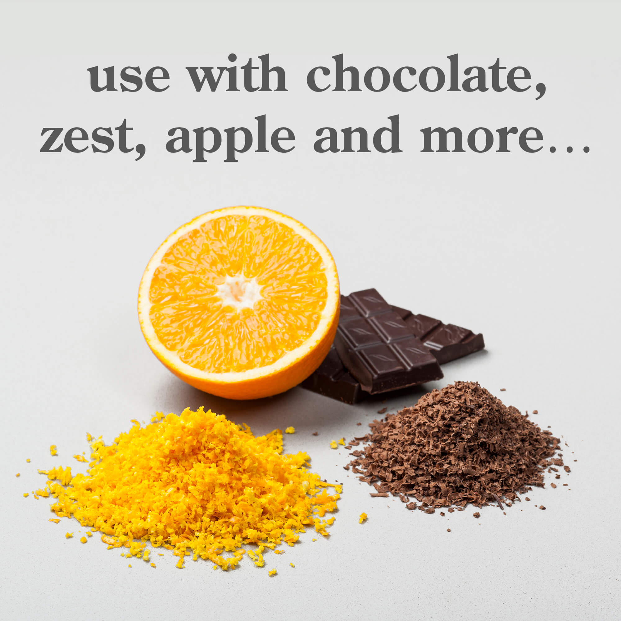 Use the Zeal Medium Grater with chocolate, zest, apple and more