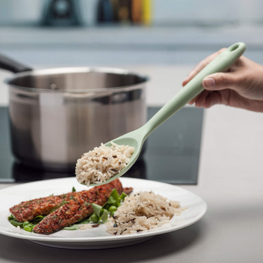 Zeal Silicone Cook’s Spoon in Sage Green serving rice