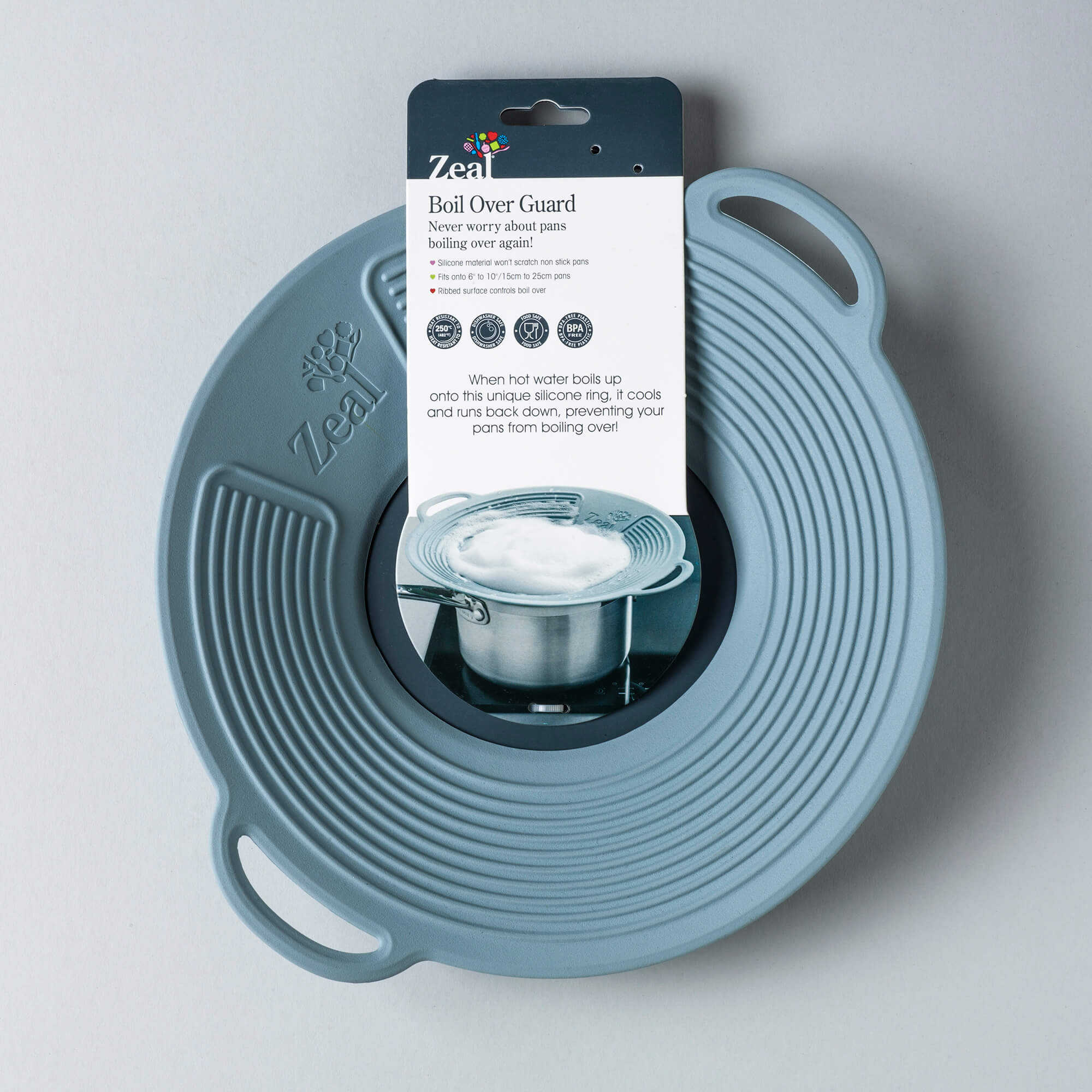 Silicone Boil Over Lid packaging by Zeal