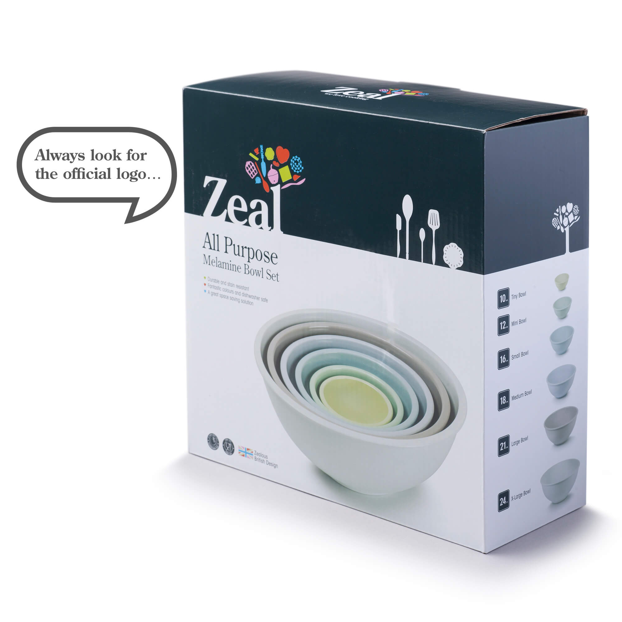Zeal Set of 6 Melamine Round Nesting Bowls in Classic Colours packaging