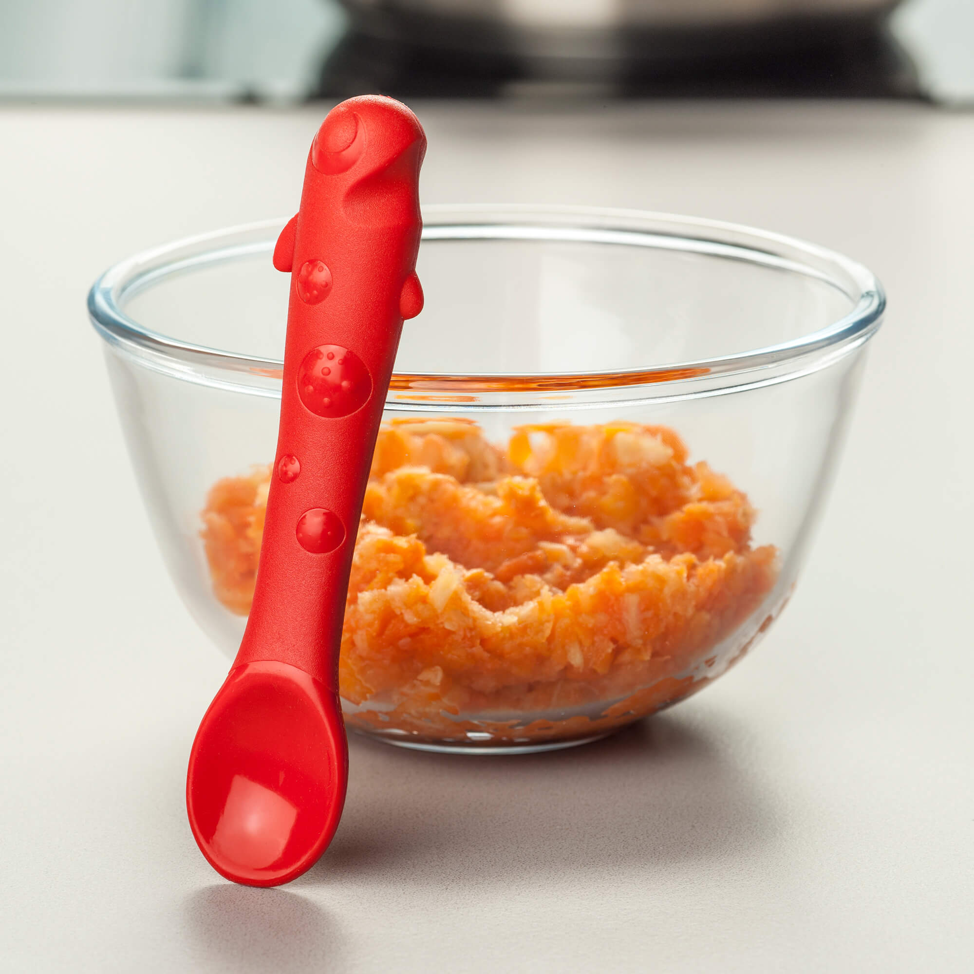 Zeal Silicone Goldfish Baby Spoon with pureed carrots