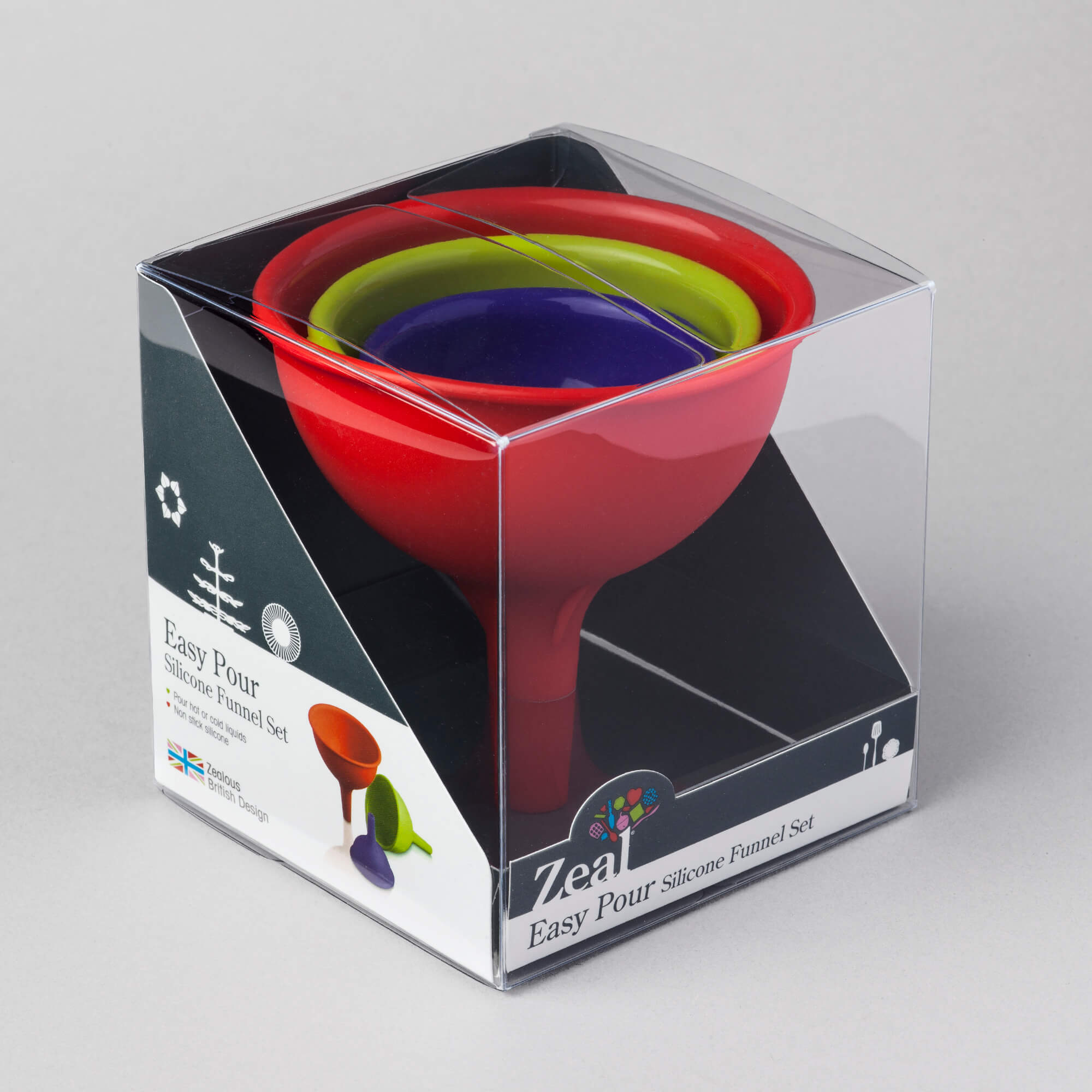Zeal Set of 3 Silicone Funnels in packaging