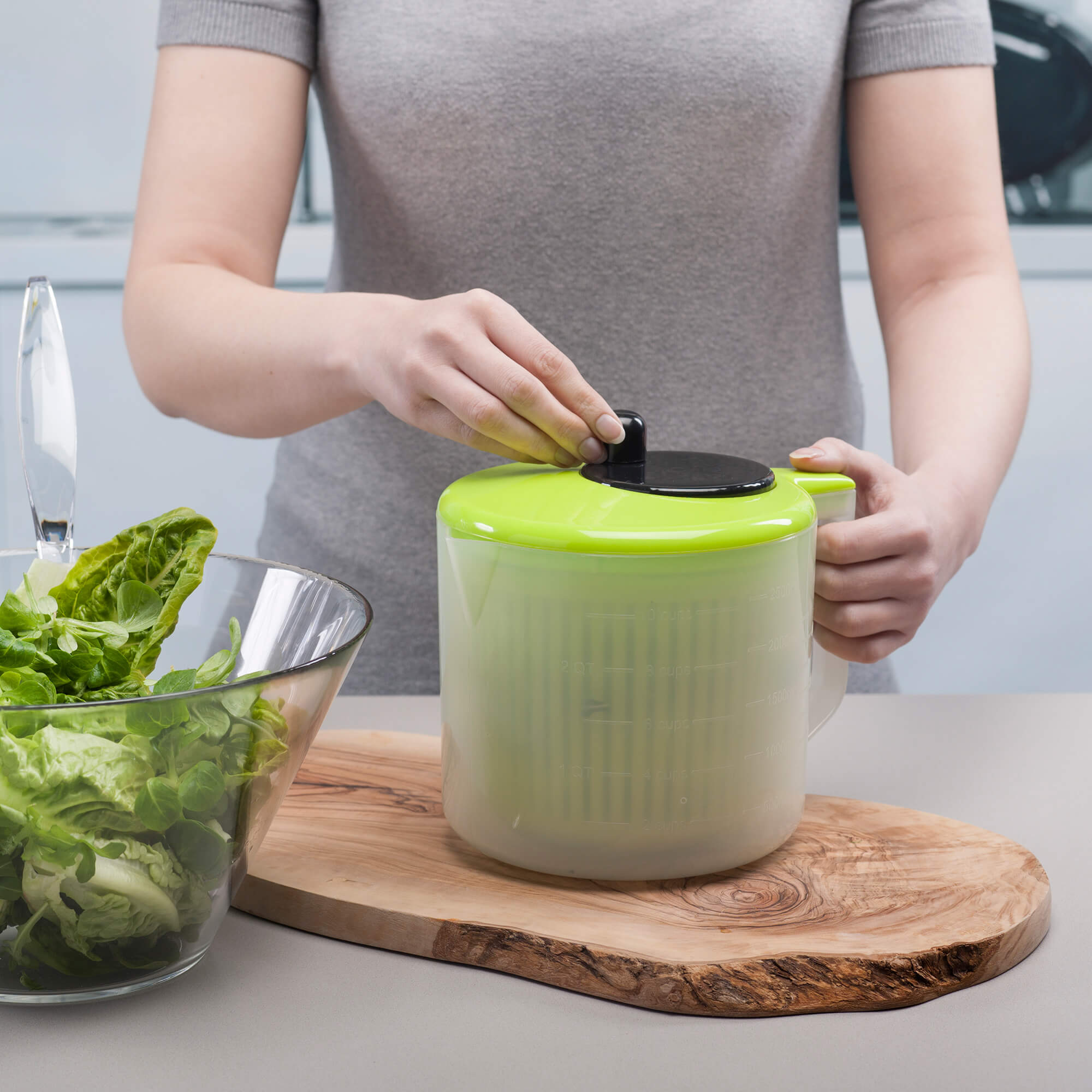 Zeal Salad Spinner with Microwavable Jug in use