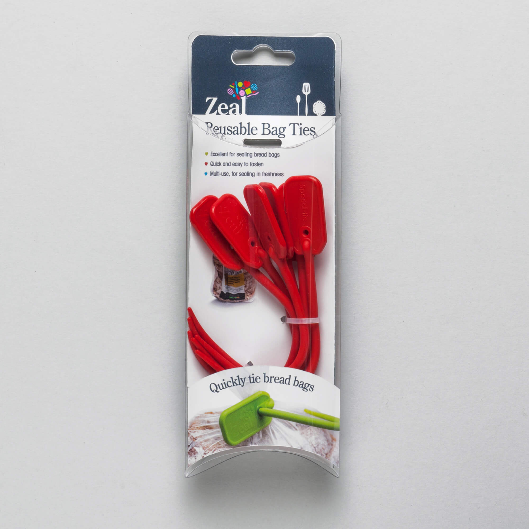 Zeal Silicone Small Bag Ties on a bag in packaging