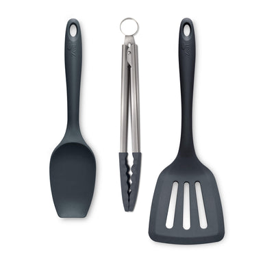 Zeal Kitchen Tongs, Slotted Turner & Spatula Spoon Set in Dark Grey