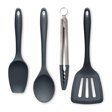 Zeal Kitchen Tongs, Slotted Turner, Spoon & Spatula Spoon Set in Dark Grey