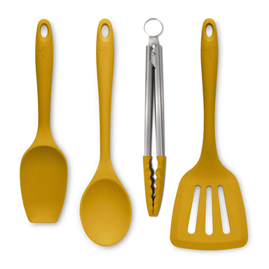 Zeal Kitchen Tongs, Slotted Turner, Spoon & Spatula Spoon Set in Mustard