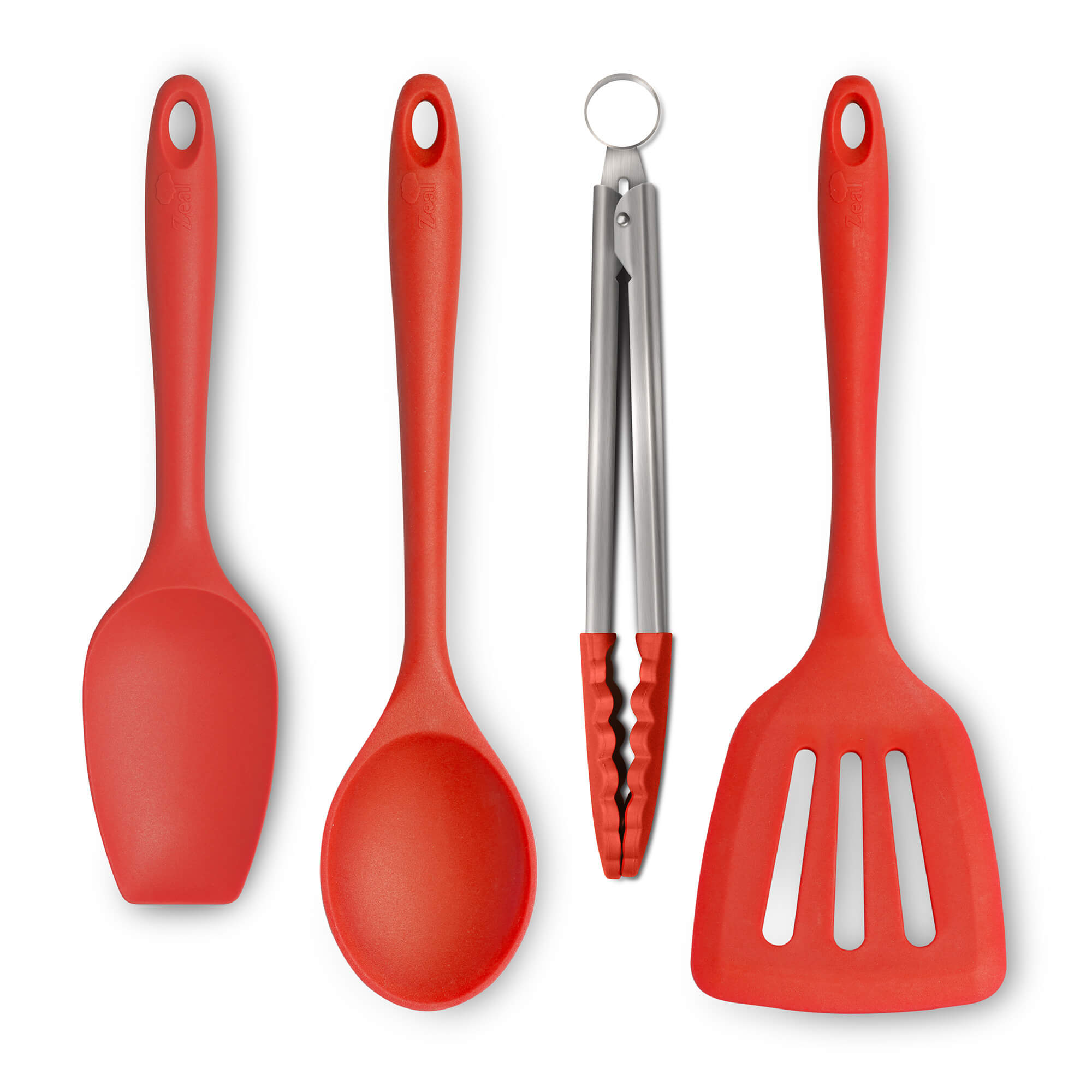 Zeal Kitchen Tongs, Slotted Turner, Spoon & Spatula Spoon Set in Red