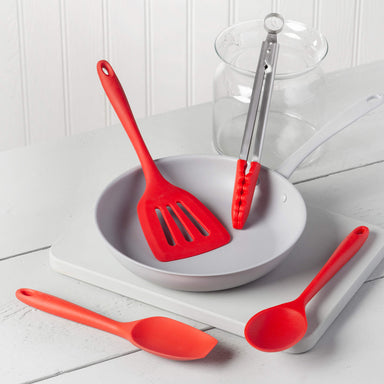 Zeal Kitchen Tongs, Slotted Turner, Spoon & Spatula Spoon Set in Red