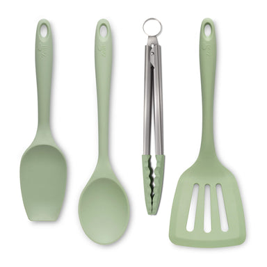Zeal Kitchen Tongs, Slotted Turner, Spoon & Spatula Spoon Set in Sage Green