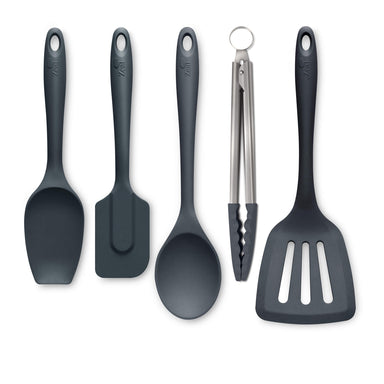 Zeal Kitchen Tongs, Slotted Turner, Spoon, Spatula Spoon & Spatula Set in Dark Grey