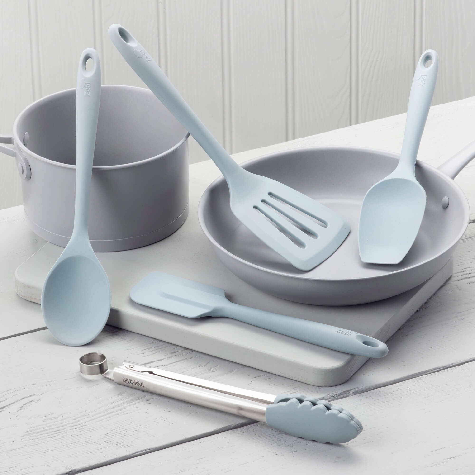 Zeal Kitchen Tongs, Slotted Turner, Spoon, Spatula Spoon & Spatula Set in Duck Egg Blue