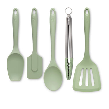 Zeal Kitchen Tongs, Slotted Turner, Spoon, Spatula Spoon & Spatula Set in Sage Green