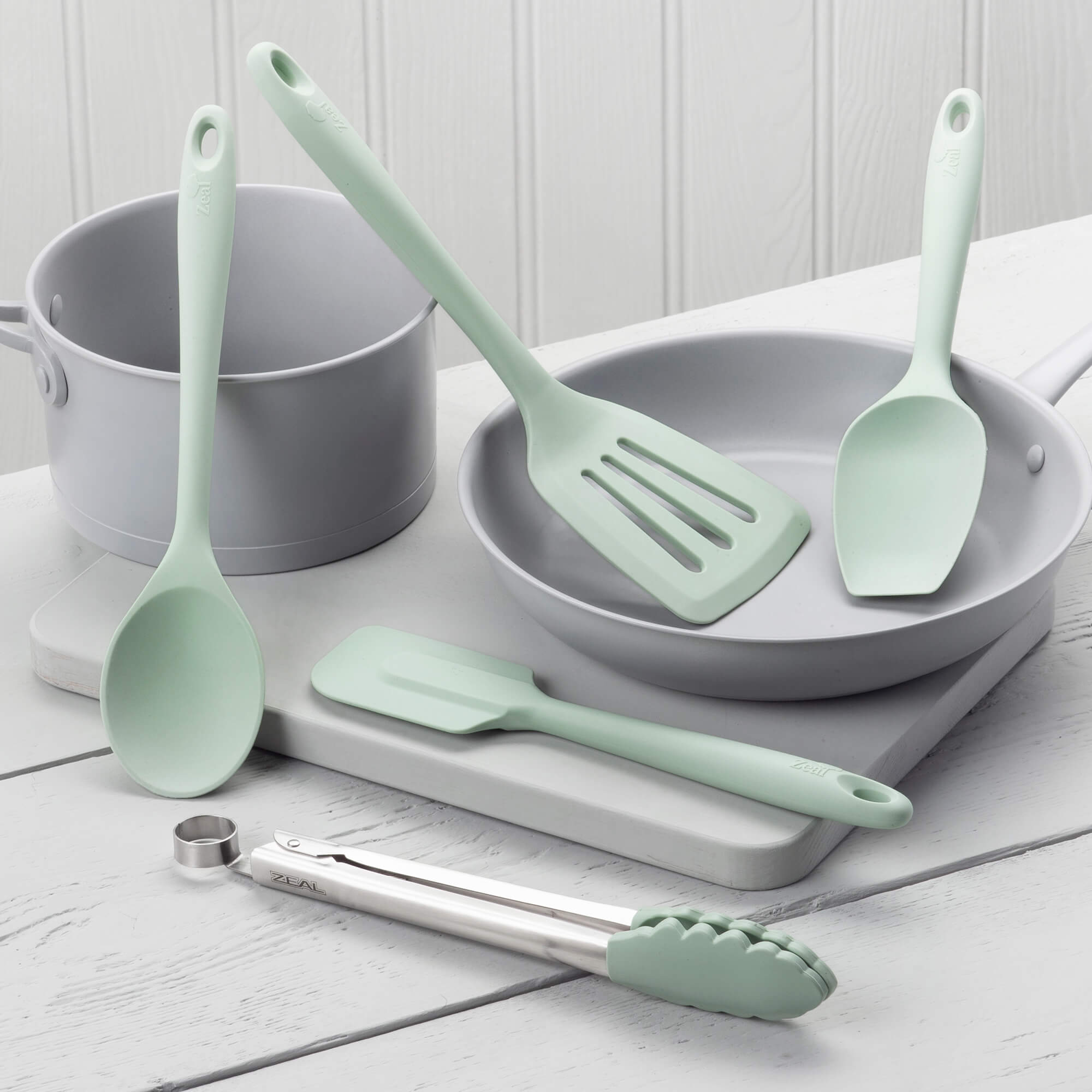Zeal Kitchen Tongs, Slotted Turner, Spoon, Spatula Spoon & Spatula Set in Sage Green