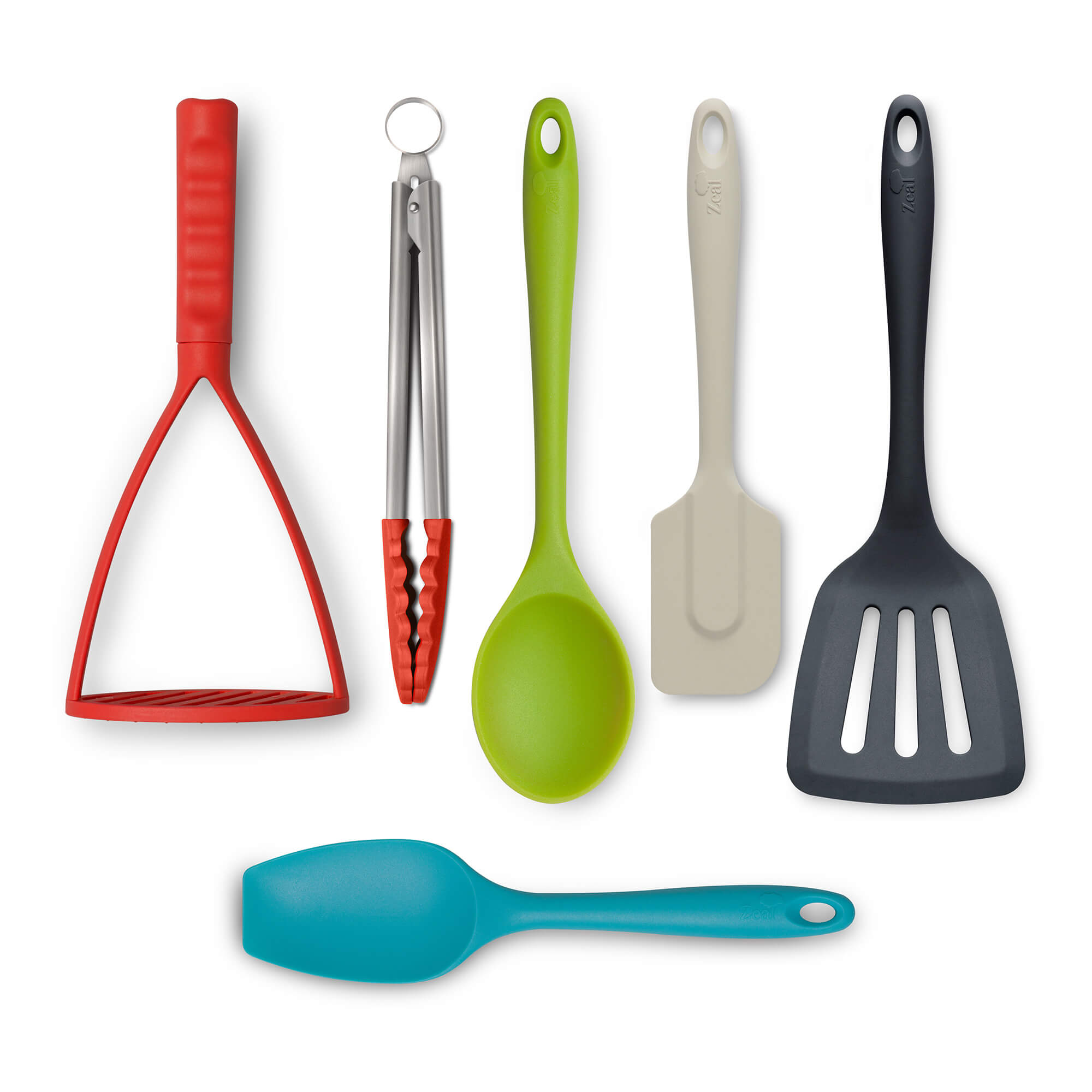 Zeal Kitchen Tongs, Flexitech Masher, Slotted Turner, Spoon, Spatula Spoon, Spatula Set in Bright Colours