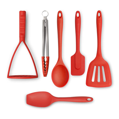 Zeal Kitchen Tongs, Flexitech Masher, Slotted Turner, Spoon, Spatula Spoon, Spatula Set in Red