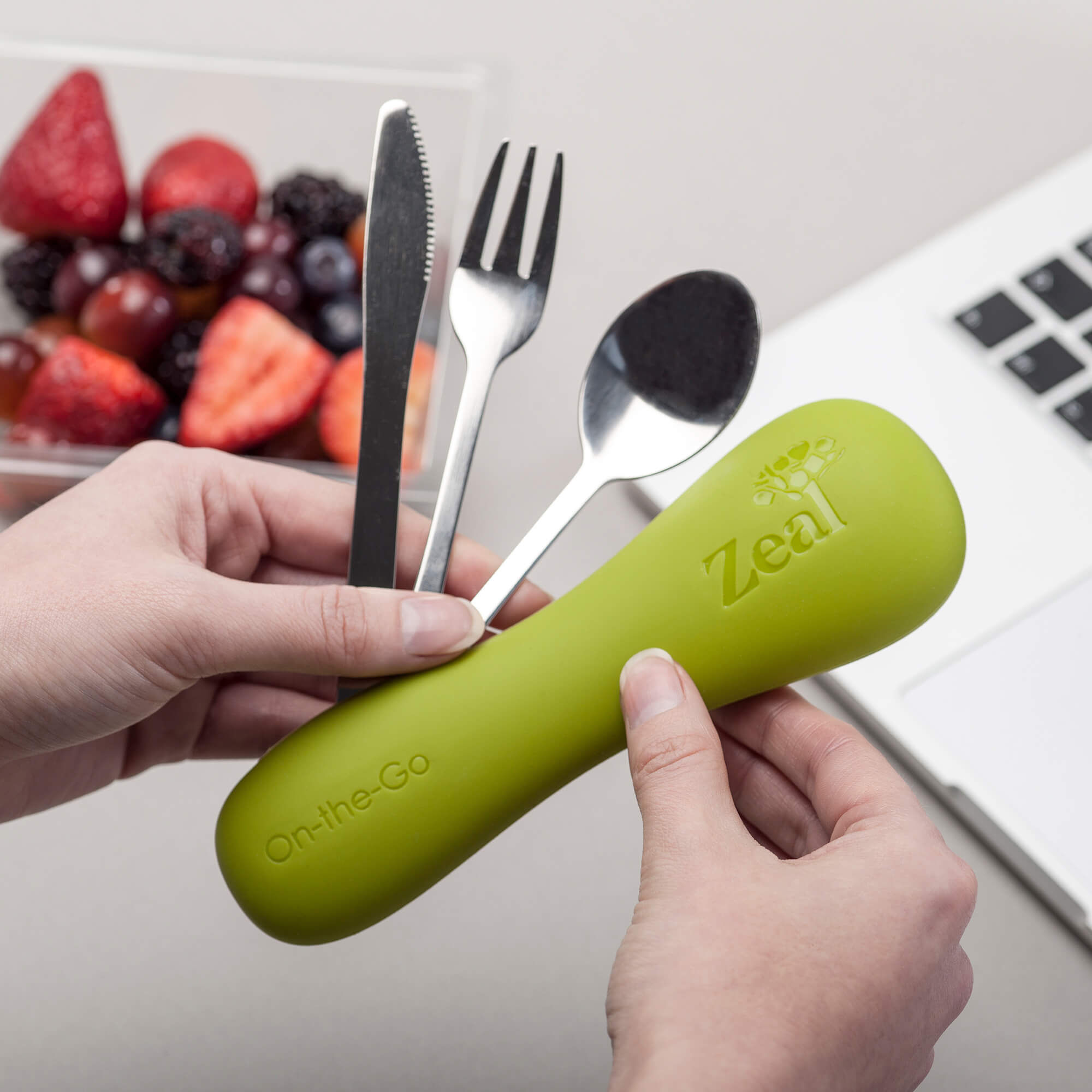 Zeal On The Go Cutlery Set in use at a desk