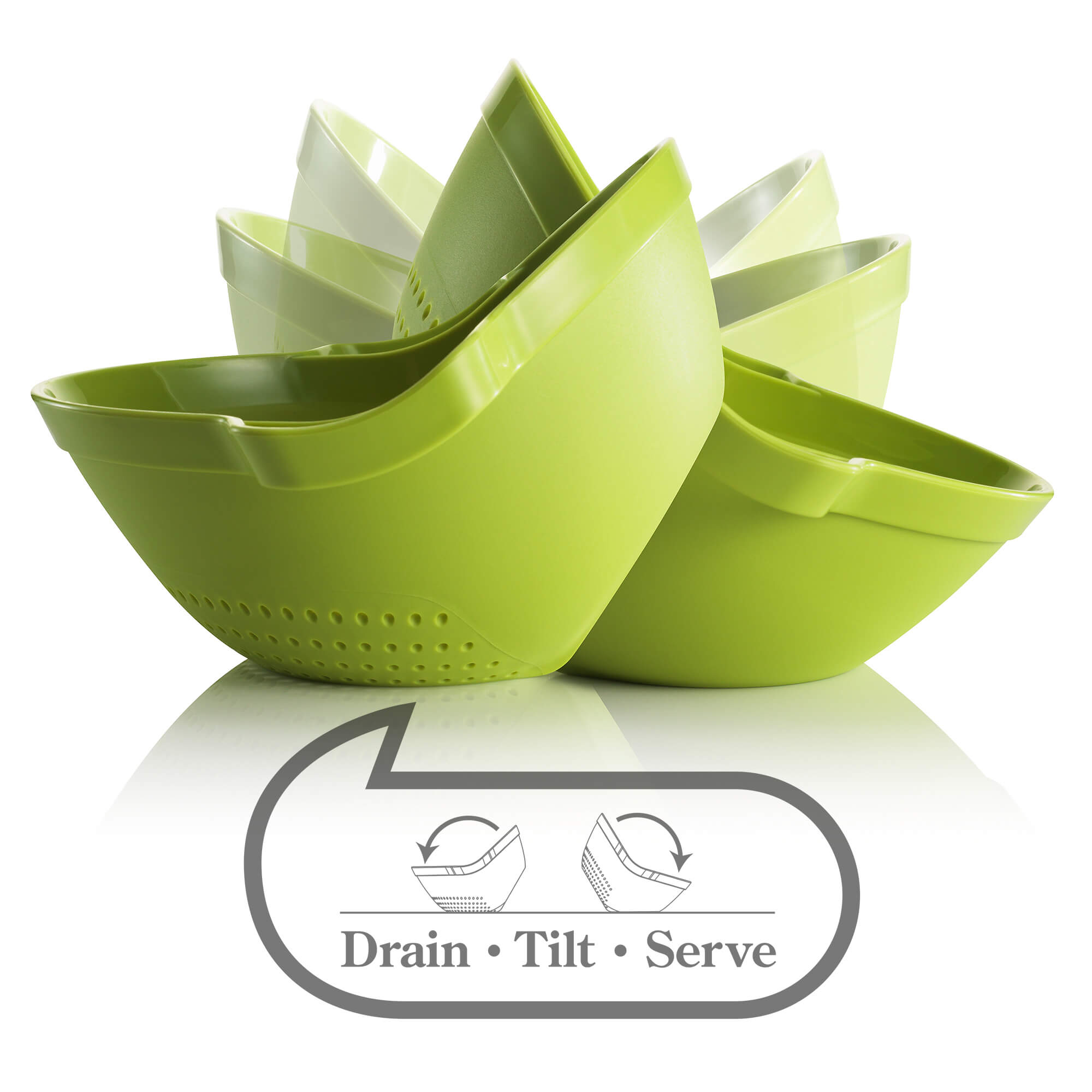 Zeal Drain & Serve Colander drain tilt and serve diagram