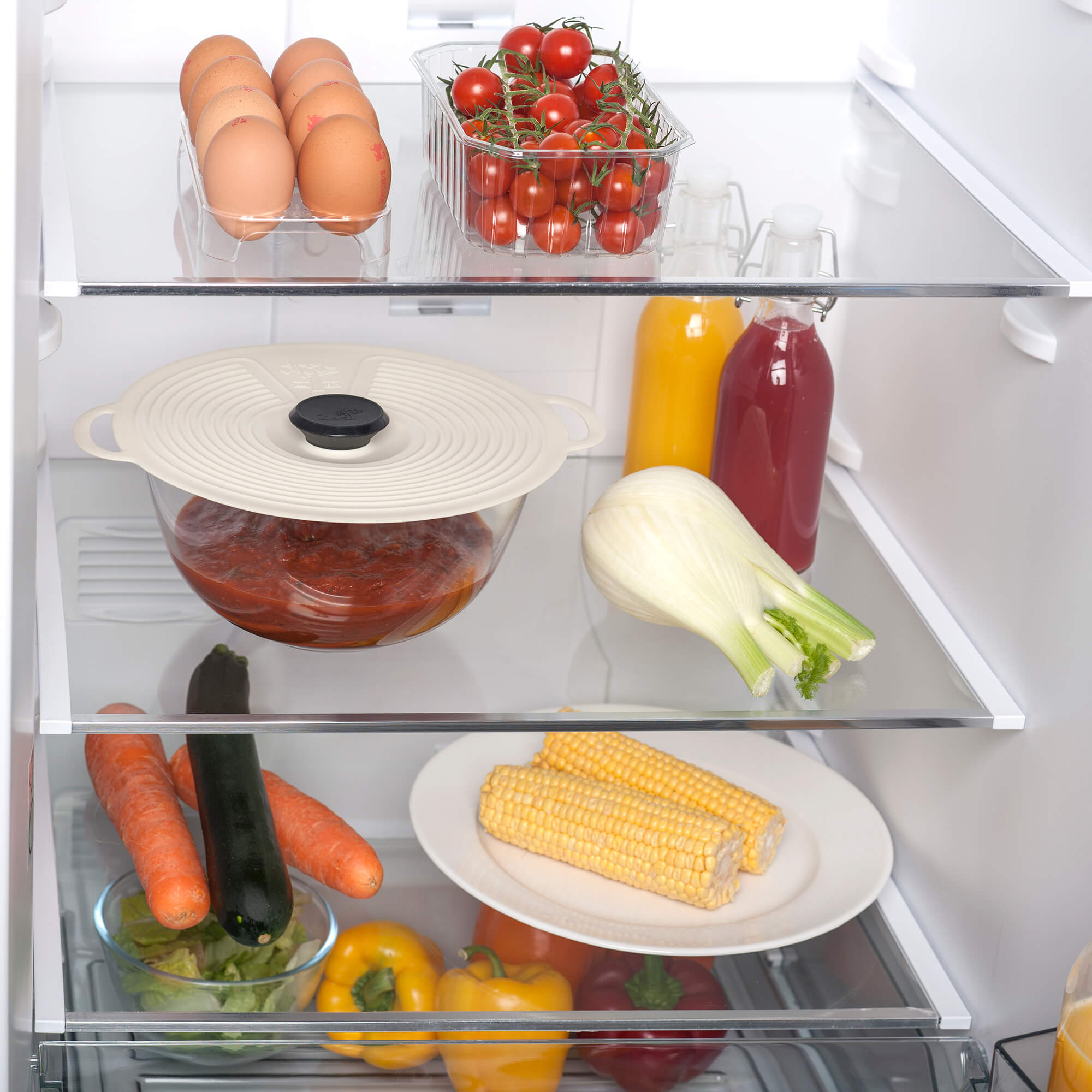 Silicone Self Sealing Lid by Zeal used in a fridge