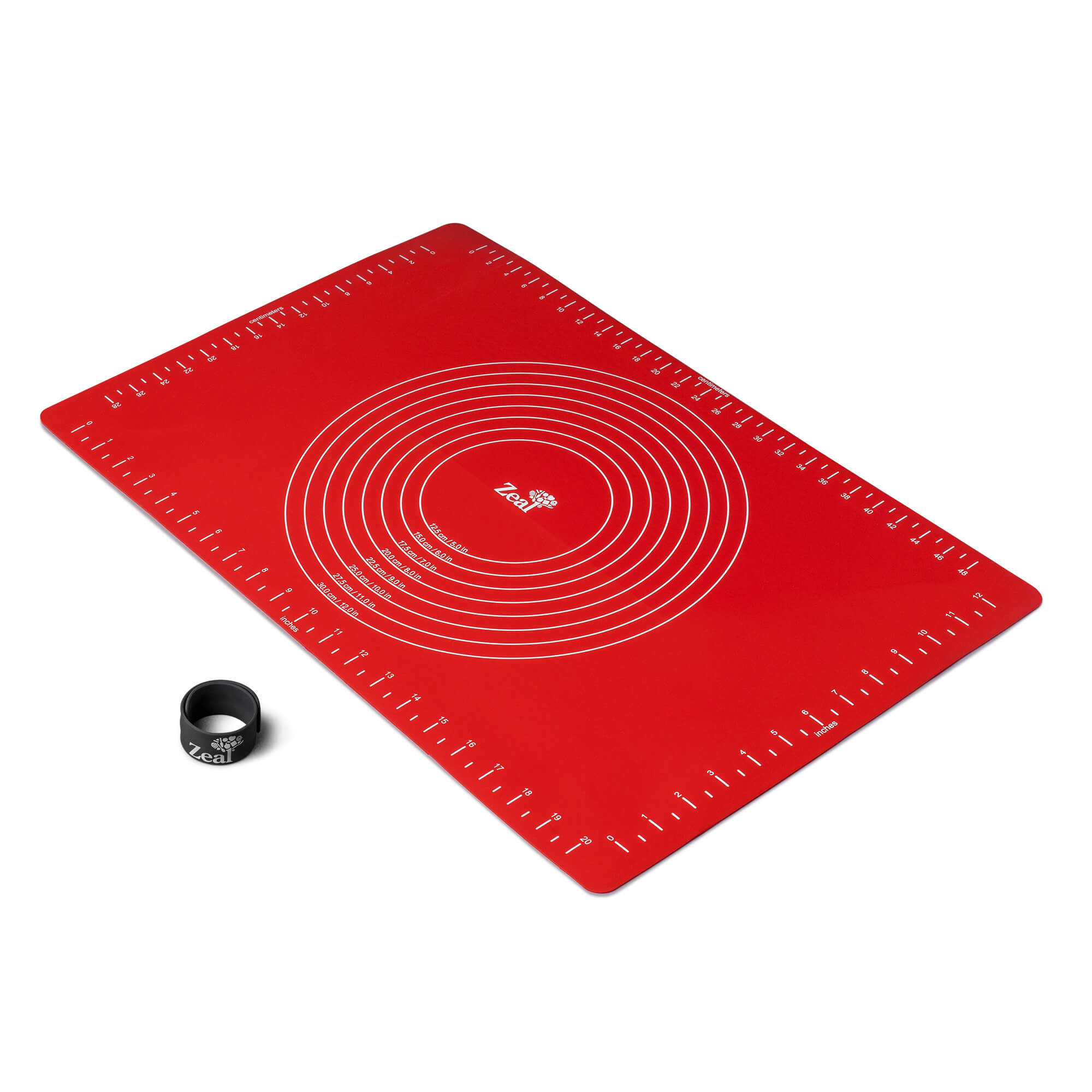 Zeal Roll to Bake Silicone Pastry Mat with Measurements in Red